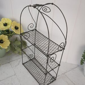 Vintage 3 Tier Wire Shelf Rust Scrollwork 14" Tall Tramp Art Farmhouse Rustic